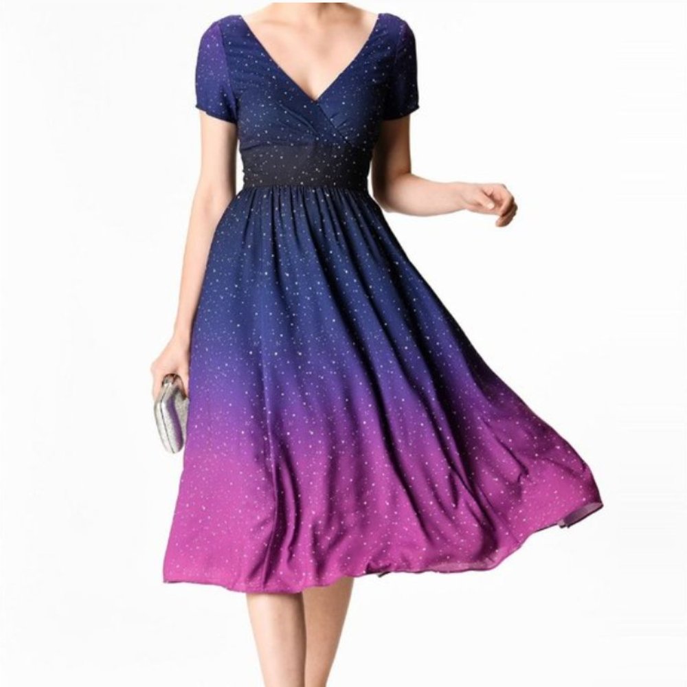 eshakti Ombre Navy to Magenta Starry Midi Dress